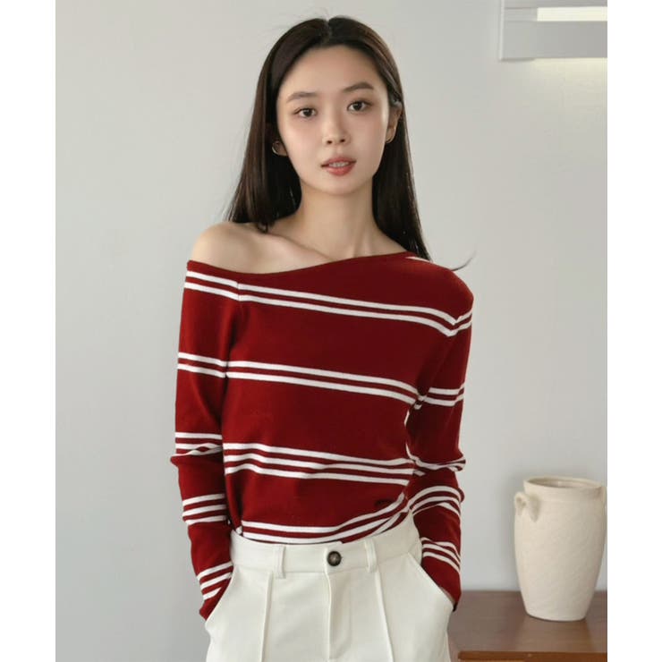 アシンメトリーボーダータイトニットトップス | Jewelobe | 詳細画像20 