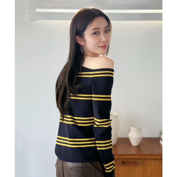 アシンメトリーボーダータイトニットトップス | Jewelobe | 詳細画像3 