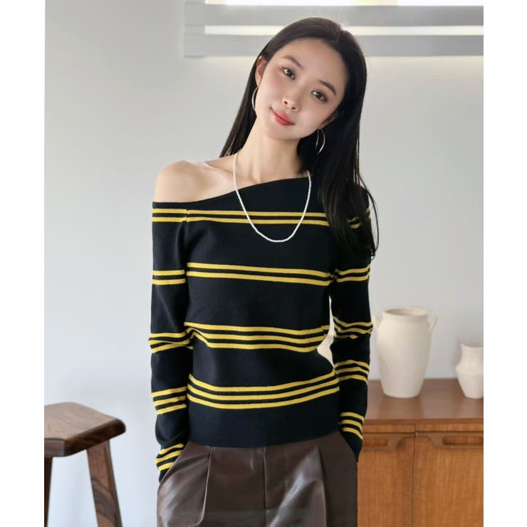 アシンメトリーボーダータイトニットトップス | Jewelobe | 詳細画像4 