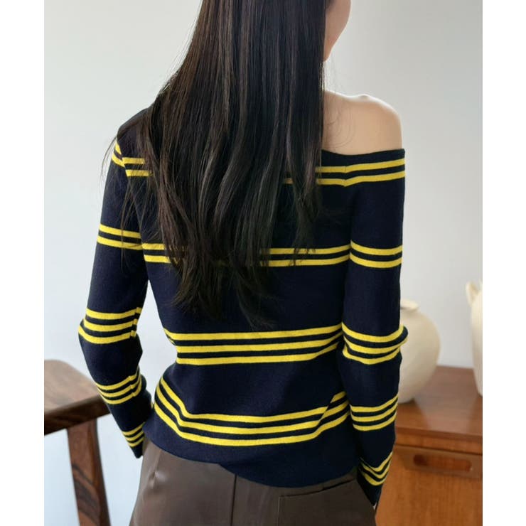 アシンメトリーボーダータイトニットトップス | Jewelobe | 詳細画像6 