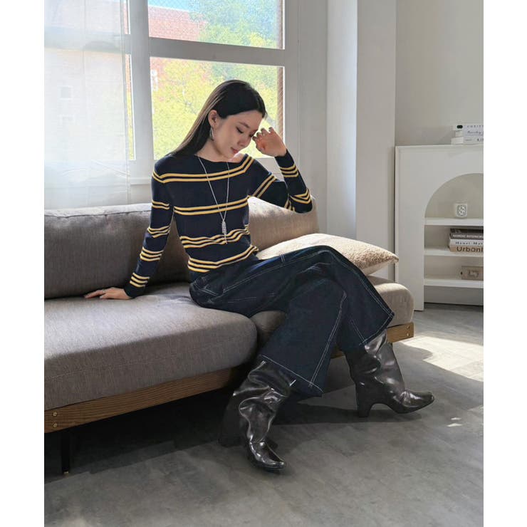 アシンメトリーボーダータイトニットトップス | Jewelobe | 詳細画像9 