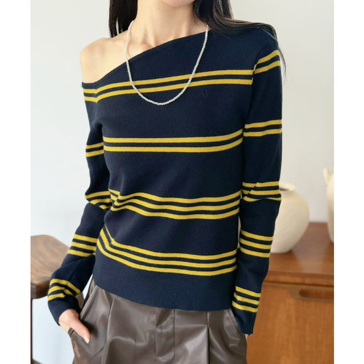 ネイビー | アシンメトリーボーダータイトニットトップス | Jewelobe