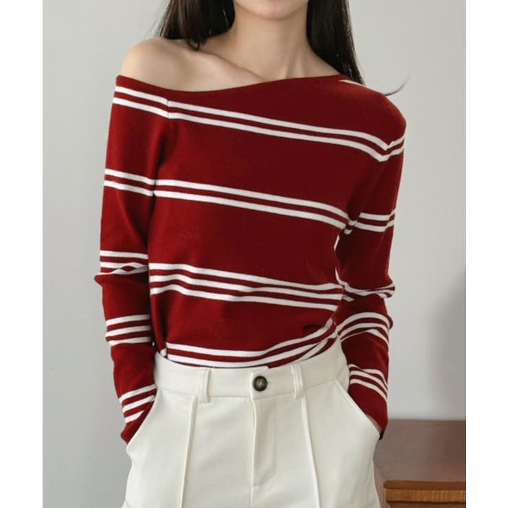 レッド | アシンメトリーボーダータイトニットトップス | Jewelobe