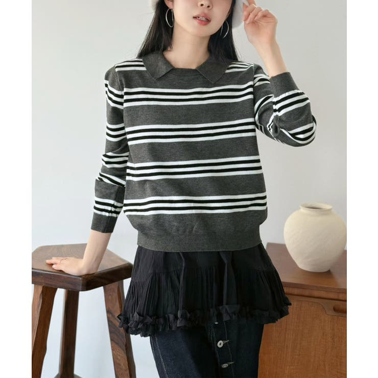 グレー | カラードッキングマルチボーダーニット | Jewelobe