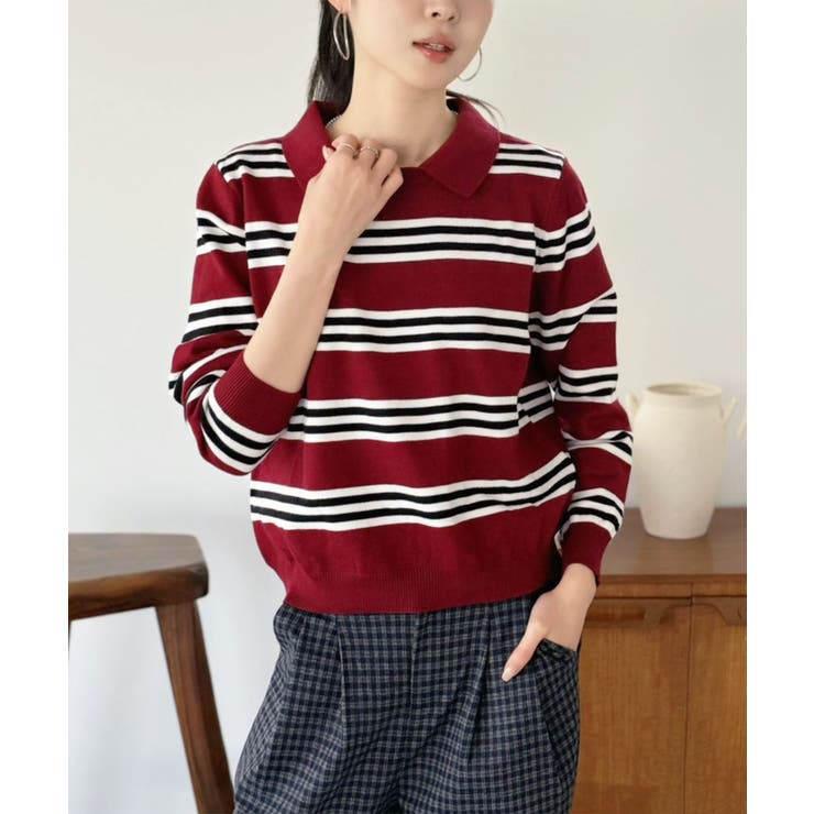 レッド | カラードッキングマルチボーダーニット | Jewelobe