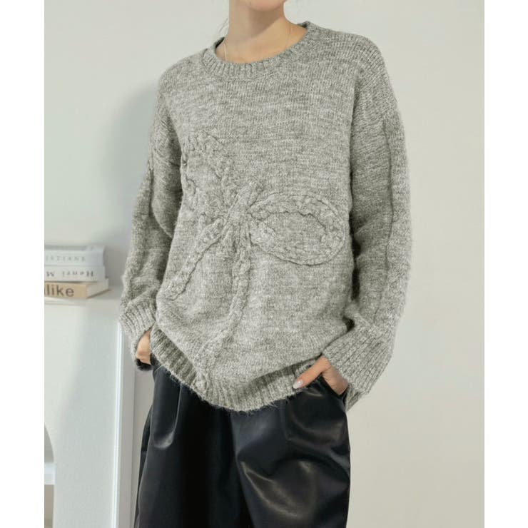 グレー | ケーブルリボンルーズニットプルオーバー | Jewelobe