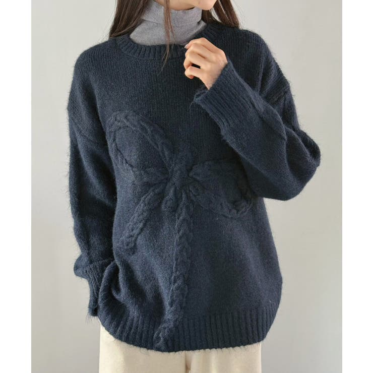 ネイビー | ケーブルリボンルーズニットプルオーバー | Jewelobe