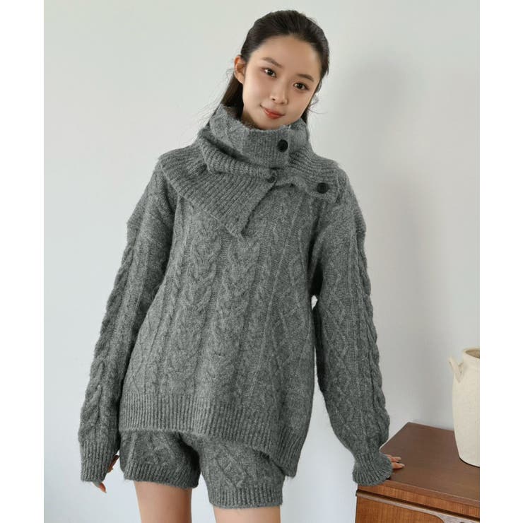 グレー | 【マルチコルセット付き】ケーブルニットプルオーバー×ショートパンツセットアップ | Jewelobe