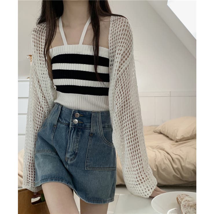 オフホワイト | 透かし編みショートニットボレロ | Jewelobe