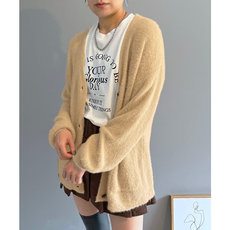 ベージュ | シャギーミディニットカーディガン | Jewelobe