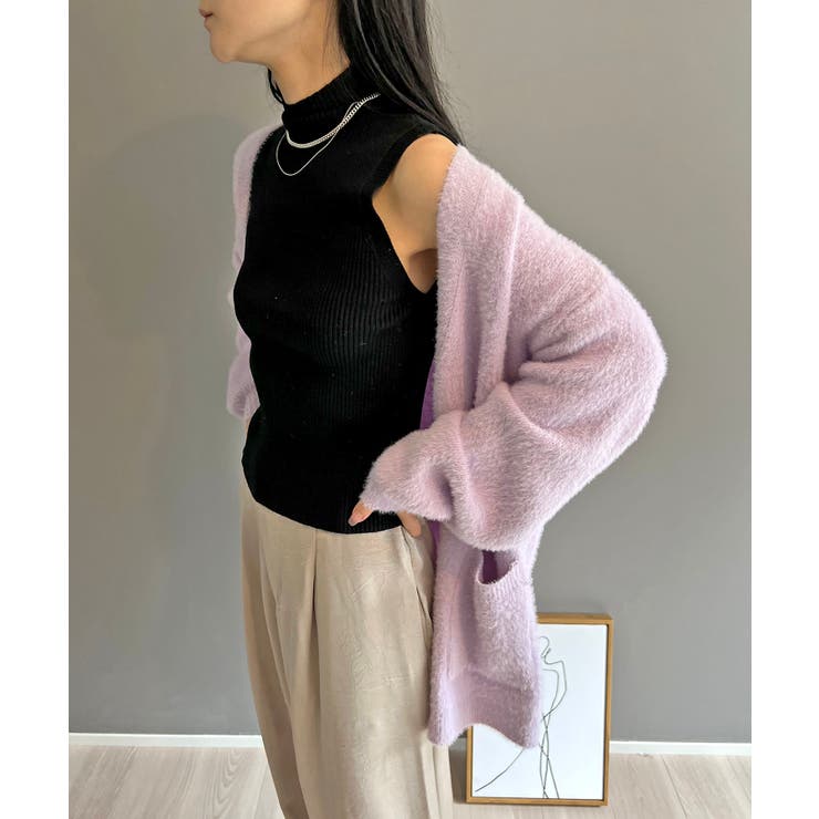 パープル | シャギーミディニットカーディガン | Jewelobe