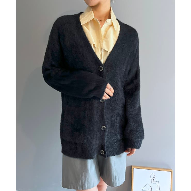 ブラック | シャギーミディニットカーディガン | Jewelobe