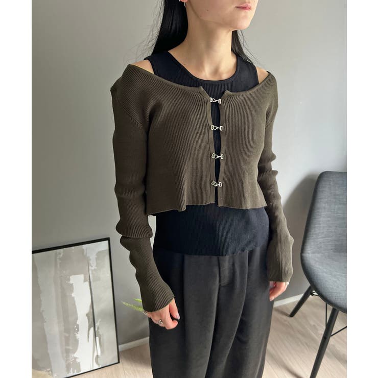 カーキ | フロントホックカーディガン×クルータンクトップ ツートンアンサンブル | Jewelobe