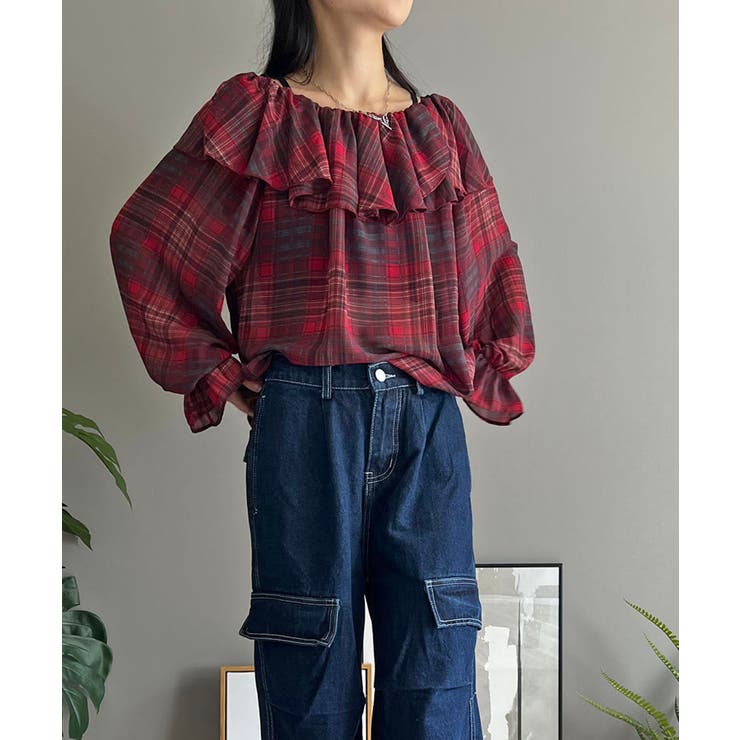 ラッフルカラー2wayチェックブラウス | Jewelobe | 詳細画像2 