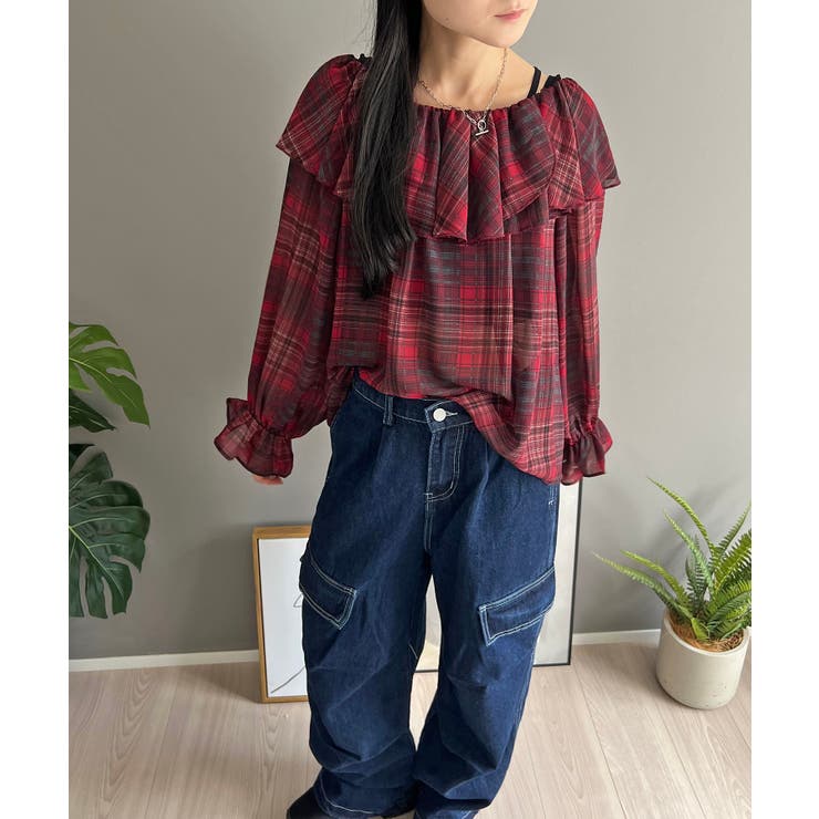 ラッフルカラー2wayチェックブラウス | Jewelobe | 詳細画像3 