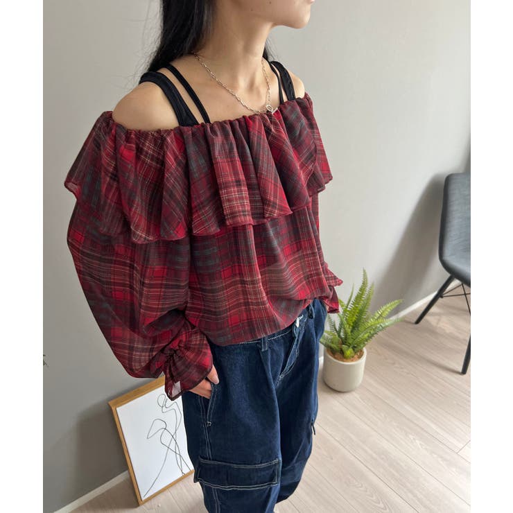 ラッフルカラー2wayチェックブラウス | Jewelobe | 詳細画像5 