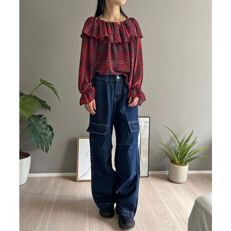 ラッフルカラー2wayチェックブラウス | Jewelobe | 詳細画像9 