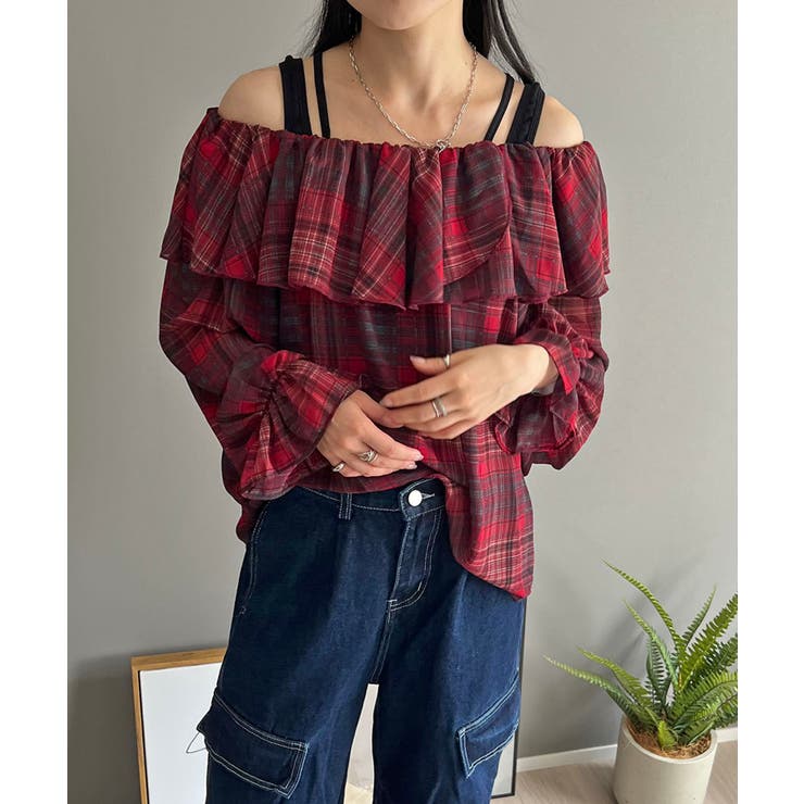 レッド | ラッフルカラー2wayチェックブラウス | Jewelobe