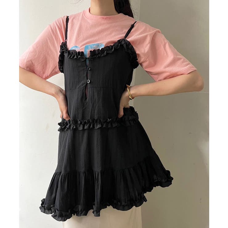 ブラック | フリル×コットンストライプビスチェディテールキャミチュニック | Jewelobe