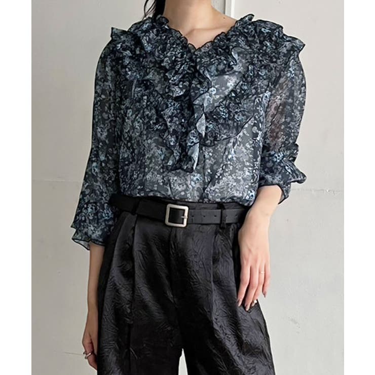 ブルー | パワーショルダーフリルシアートップス | Jewelobe