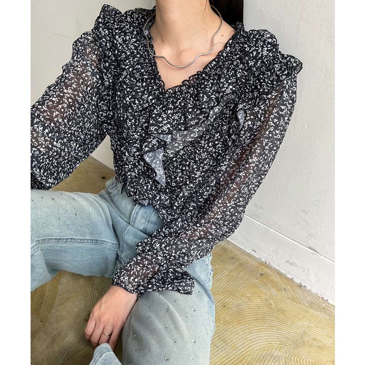 ブラック | パワーショルダーフリルシアートップス | Jewelobe