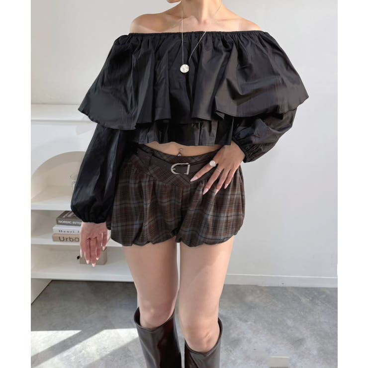 ブラック | ラッフルフリルオフショルブラウス | Jewelobe