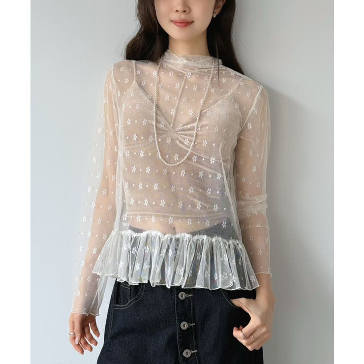 アイボリー | フラワードットチュールペプラムシアートップス | Jewelobe