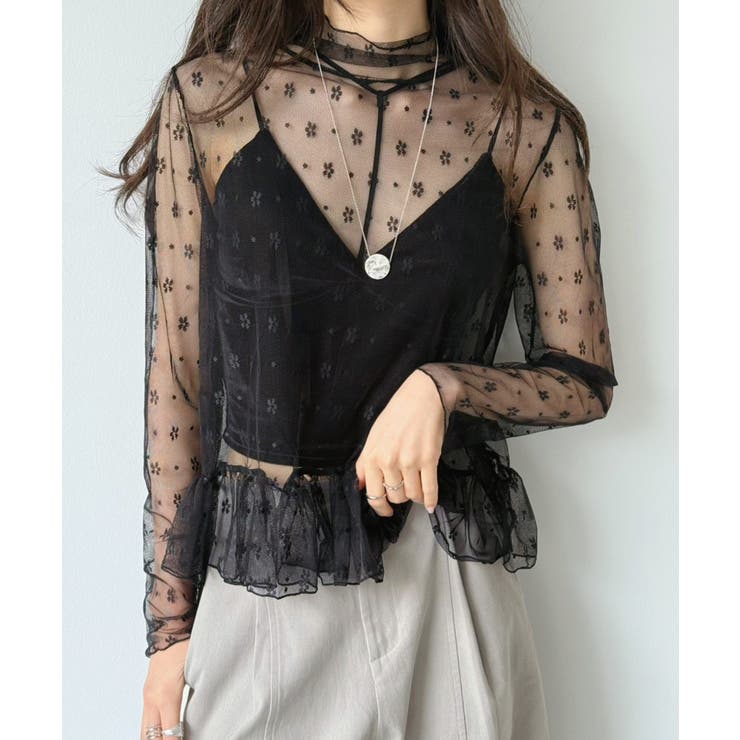 ブラック | フラワードットチュールペプラムシアートップス | Jewelobe