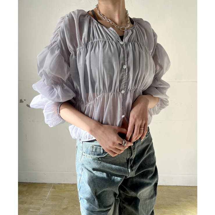 グレー | ボリュームシャーリングシアーブラウス | Jewelobe