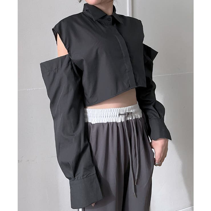 ブラック | ショルダーカットアウトクロップドシャツ | Jewelobe