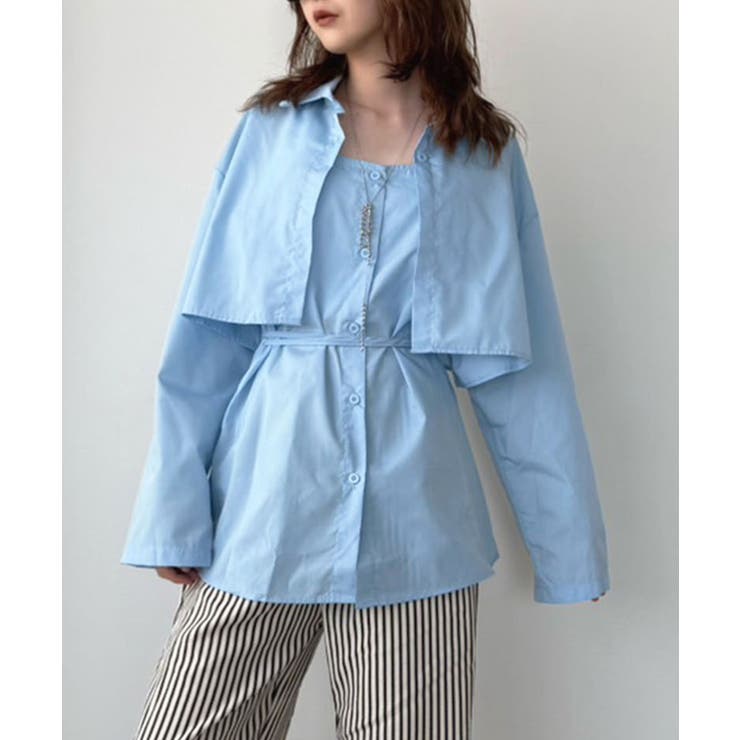 ブルー | ショートシャツボレロ×キャミストレートチュニックセット | Jewelobe