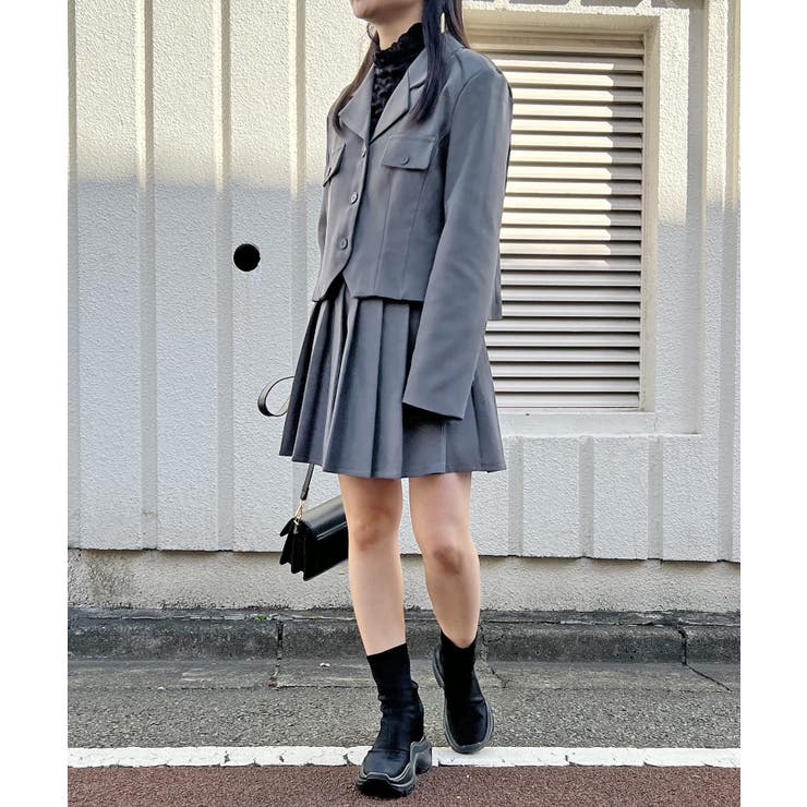 グレー | コンパクトジャケット×プリーツミニスカートセットアップ | Jewelobe