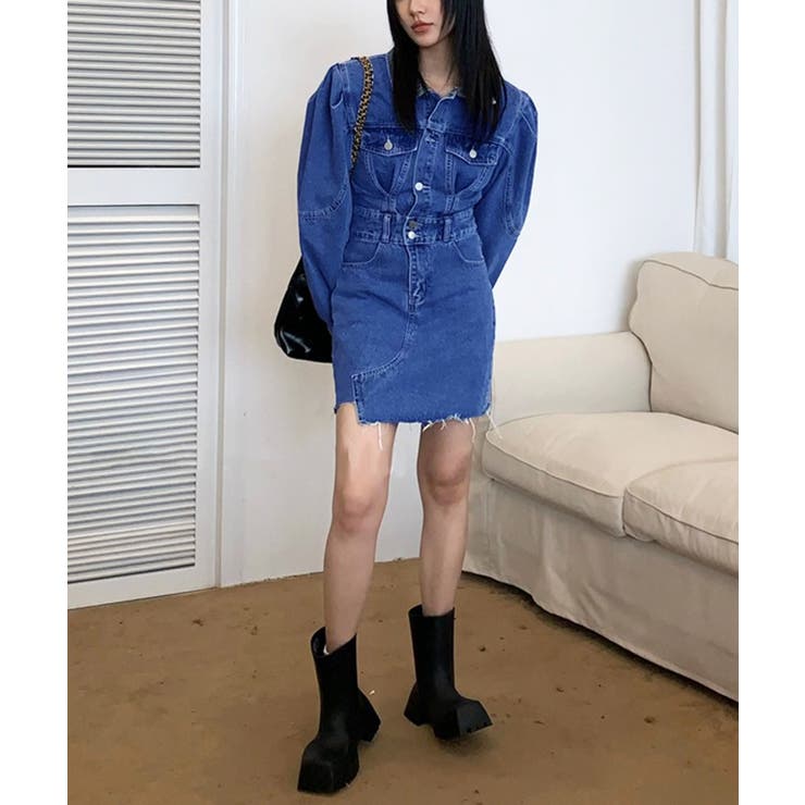 ブルー | パワーショルダーミニデニムワンピース | Jewelobe