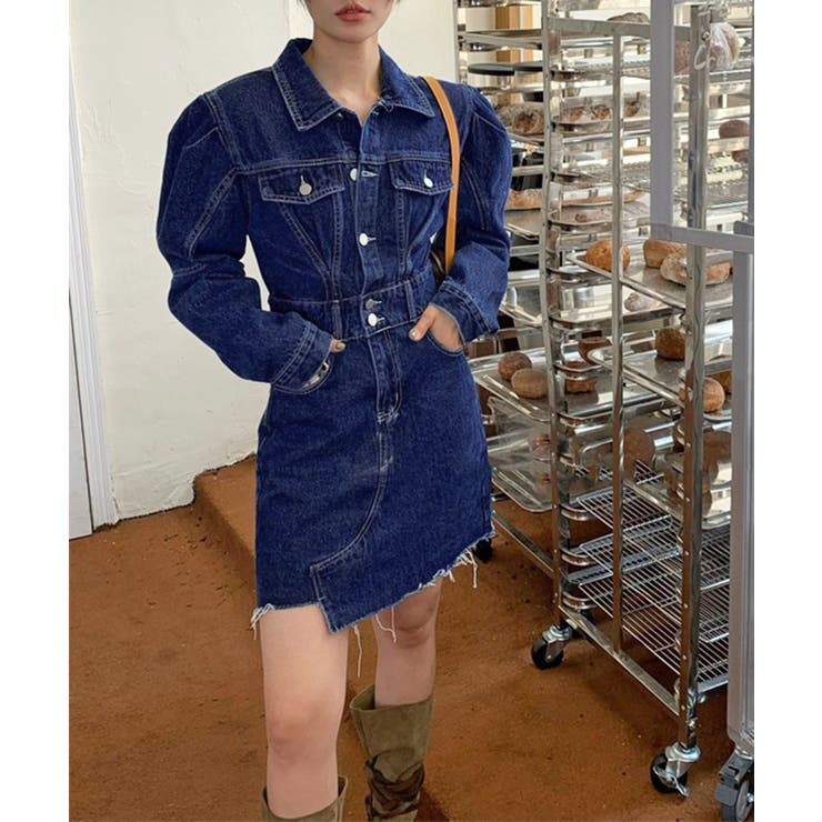 ネイビー | パワーショルダーミニデニムワンピース | Jewelobe