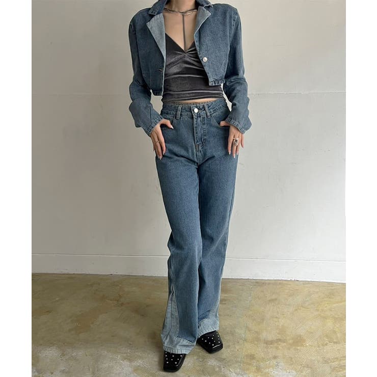 クロップドテーラージャケット×ベルボトムルーズパンツ デニムセットアップ | Jewelobe | 詳細画像1 