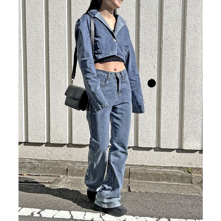 クロップドテーラージャケット×ベルボトムルーズパンツ デニムセットアップ | Jewelobe | 詳細画像11 