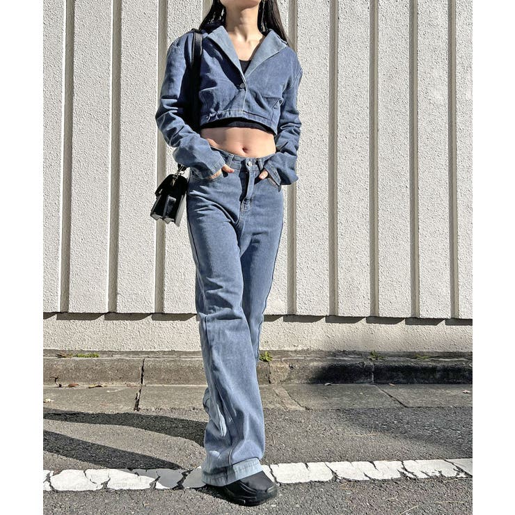クロップドテーラージャケット×ベルボトムルーズパンツ デニムセットアップ | Jewelobe | 詳細画像12 