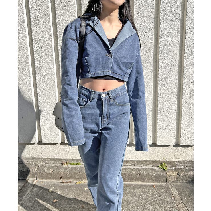 クロップドテーラージャケット×ベルボトムルーズパンツ デニムセットアップ | Jewelobe | 詳細画像16 