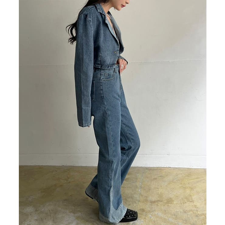 クロップドテーラージャケット×ベルボトムルーズパンツ デニムセットアップ | Jewelobe | 詳細画像2 