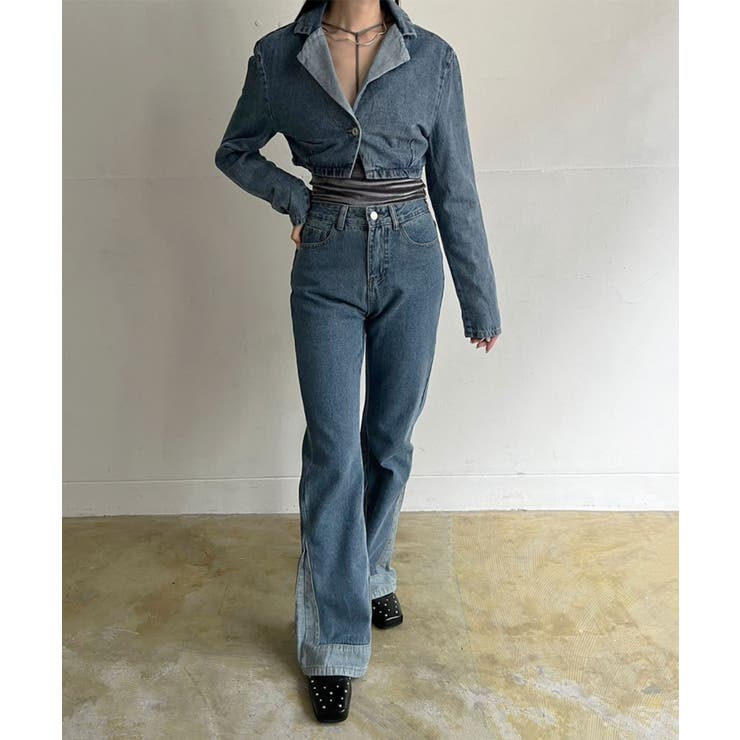 クロップドテーラージャケット×ベルボトムルーズパンツ デニムセットアップ | Jewelobe | 詳細画像3 