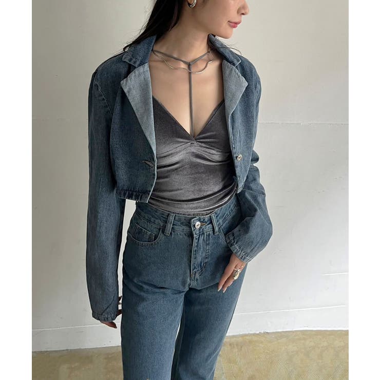 クロップドテーラージャケット×ベルボトムルーズパンツ デニムセットアップ | Jewelobe | 詳細画像4 