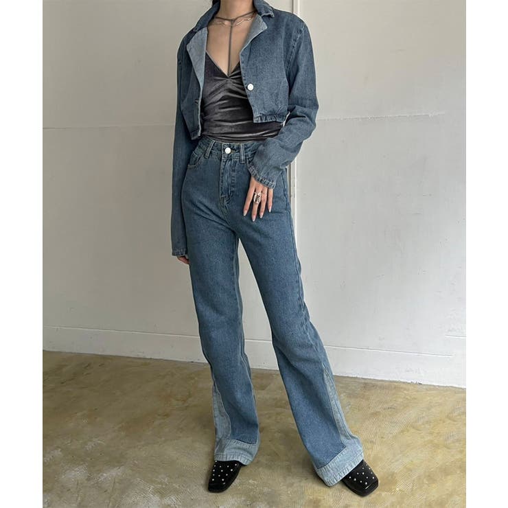 ブルー | クロップドテーラージャケット×ベルボトムルーズパンツ デニムセットアップ | Jewelobe