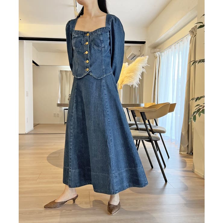 ネイビー | ビスチェジャケット×フレアスカート デニムセットアップ | Jewelobe