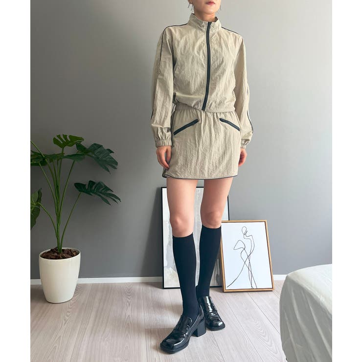 バイカラーパイピングナイロンタッチブルゾン＆ミニスカパンセットアップ | Jewelobe | 詳細画像14 