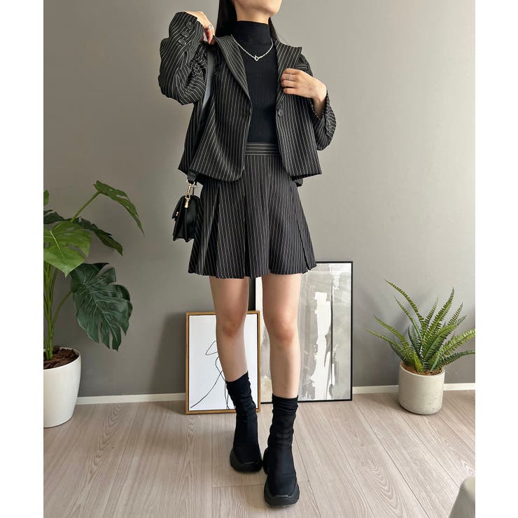 ピンストライプジャケット×プリーツスカート セットアップ[品番