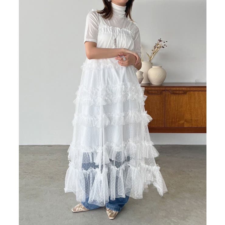 ホワイト | ドットチュールフリルボリュームワンピース | Jewelobe