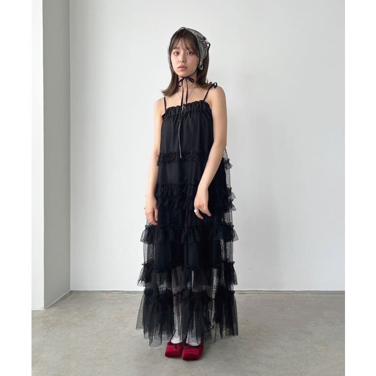 ブラック | ドットチュールフリルボリュームワンピース | Jewelobe