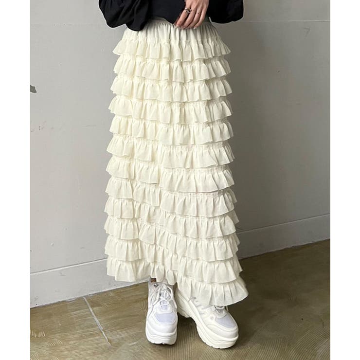 アイボリー | シフォンフリルロングスカート | Jewelobe