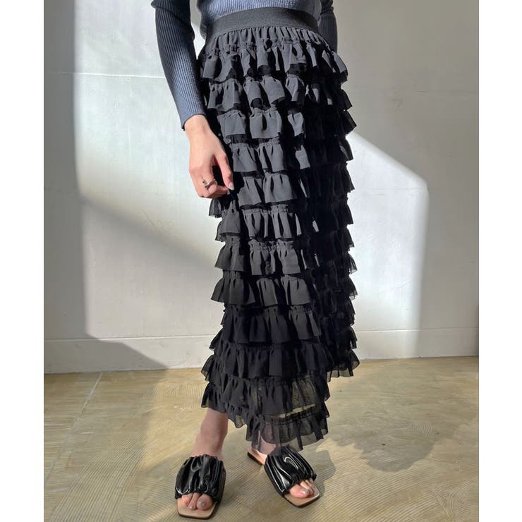 ブラック | シフォンフリルロングスカート | Jewelobe