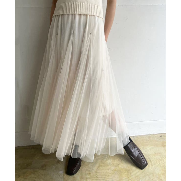 アイボリー | ポイントラインストーンチュールスカート | Jewelobe